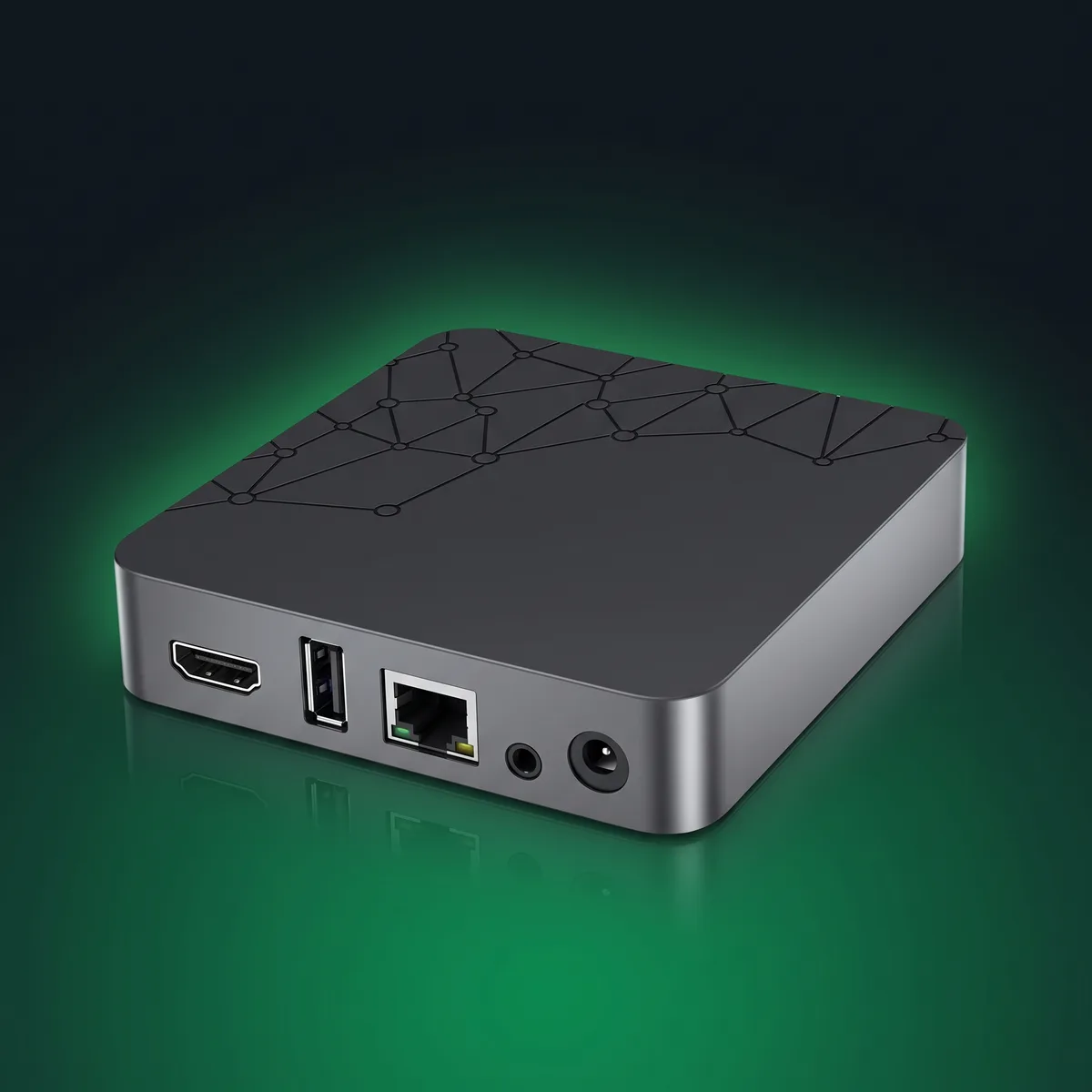 Achterkant van een iptv box met HDMI-, USB- en netwerkaansluiting